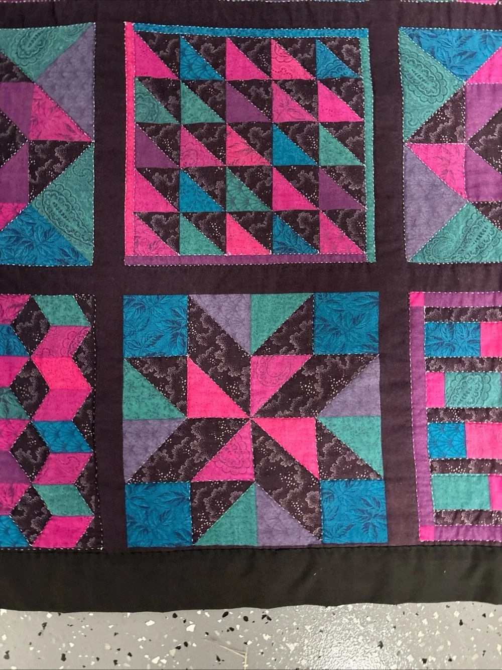 Handmade Hand Quilted Patchwork Quilt in Pink, Teal & Black